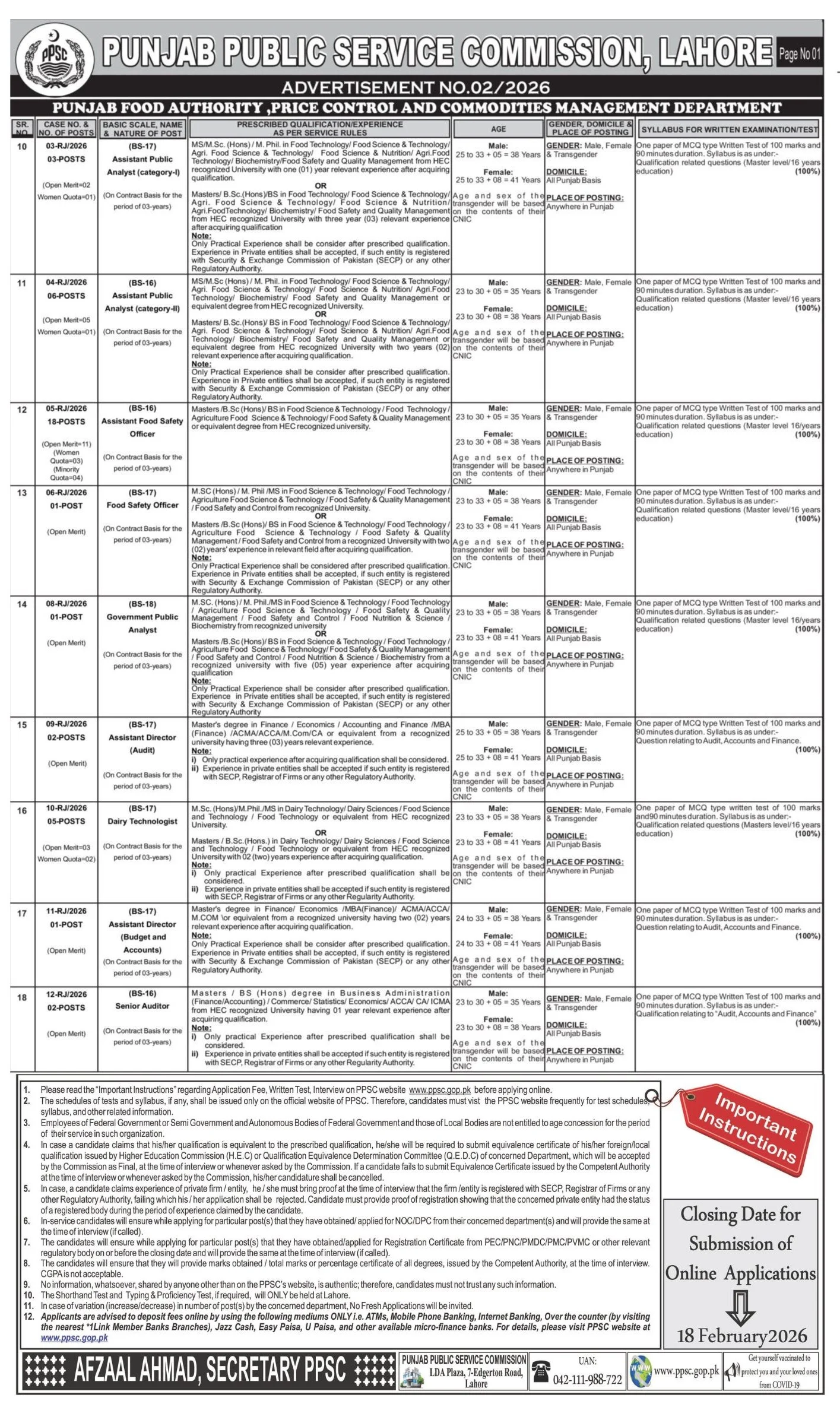 Advertisement for Food Authority and Price Control Department Jobs