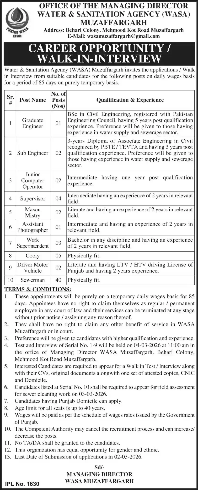 Advertisement for WASA Muzaffargarh Jobs