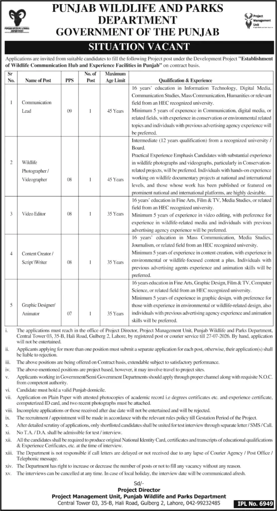 Punjab Wildlife and Parks Department Jobs 2026