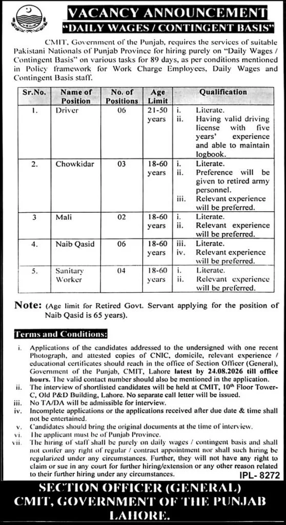 Advertisement for Chief Minister Inspection Team CMIT Jobs