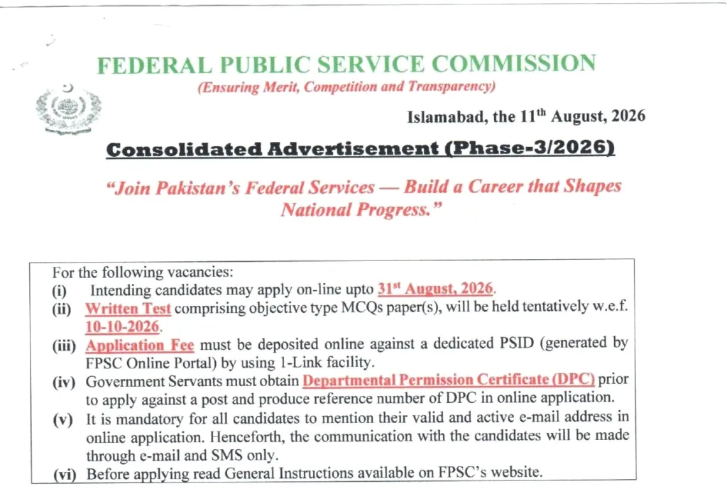 Advertisement for FPSC Inspector Jobs