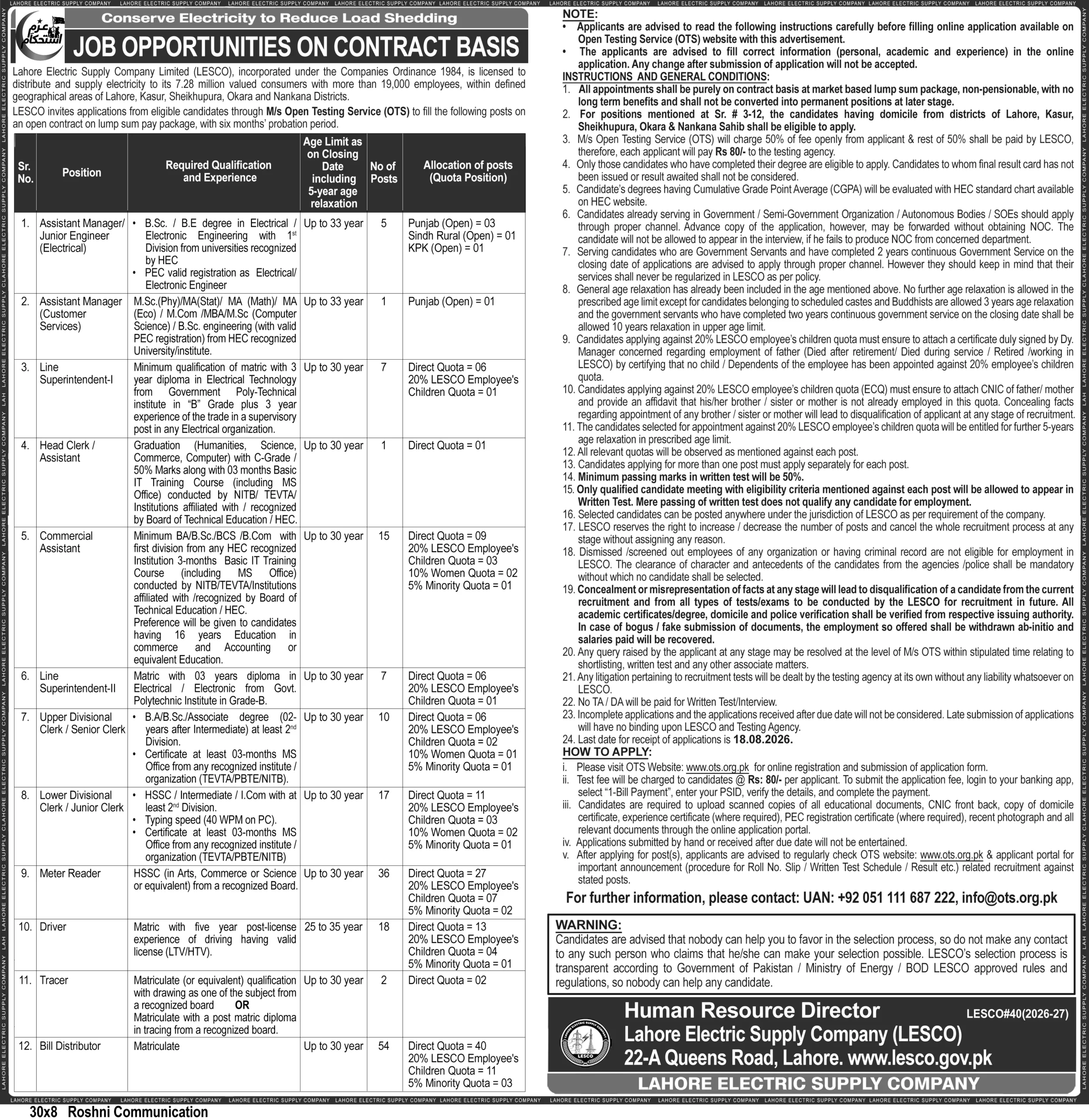 Lahore Electric Supply Company Limited LESCO Jobs 2026