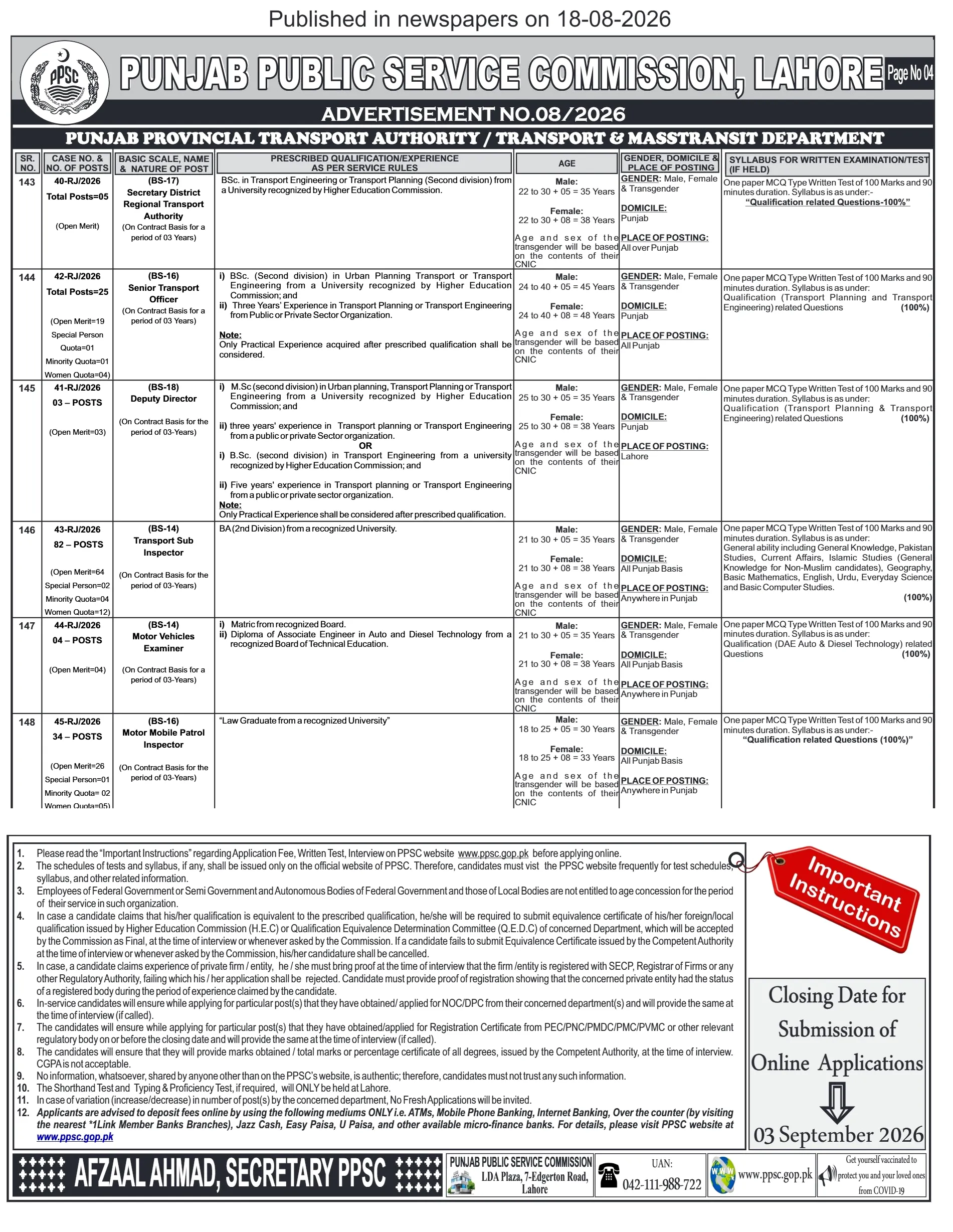Punjab Provincial Transport Authority Jobs 2026