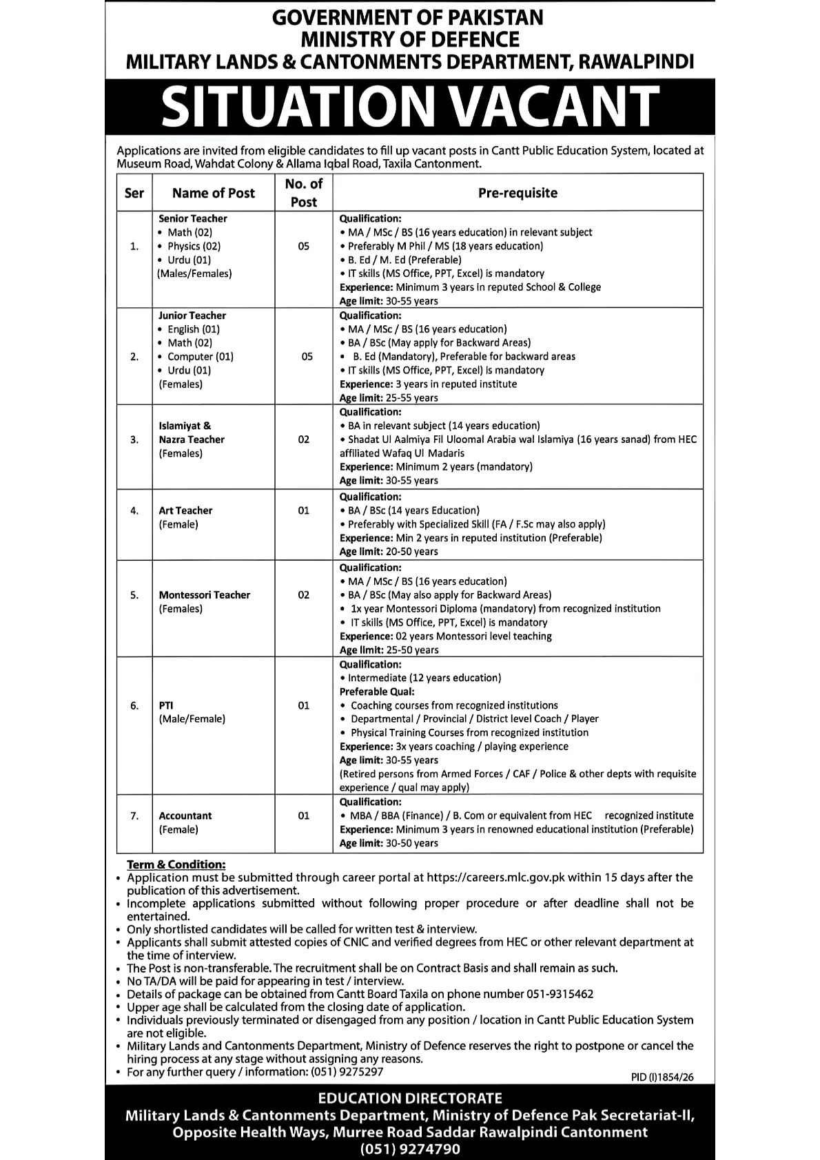 Military Lands and Cantonment Department MLC Jobs